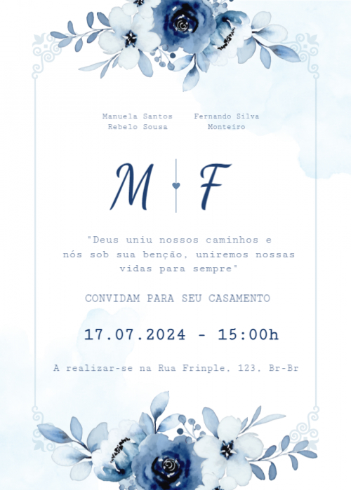 Convite de casamento floral azul