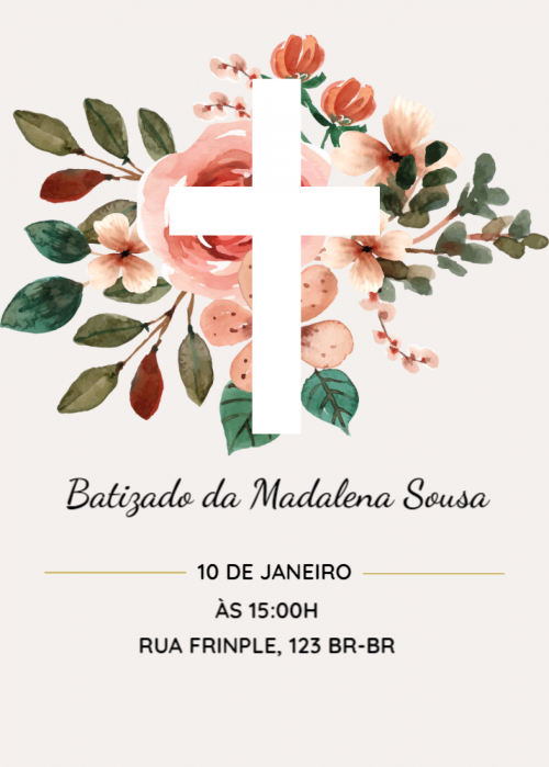 Convite Batizado, floral com cruz