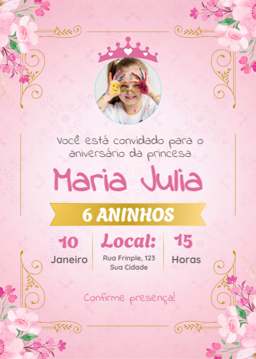 Convite aniversário princesa gratuito com foto