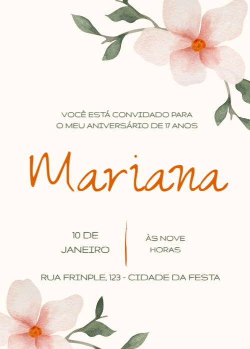 Convite aniversário grátis, flores, minimalista