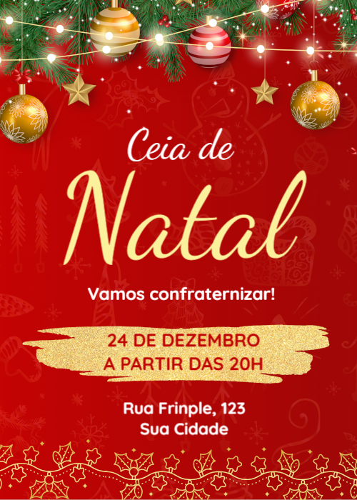 Convite natal com bolas e luzes no topo