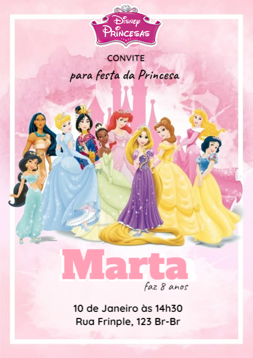 Convite Princesas, castelo, rosa