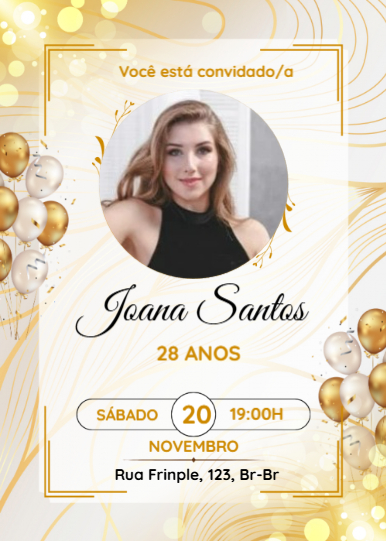 Convite festa de aniversário grátis, dourado, balões, com foto