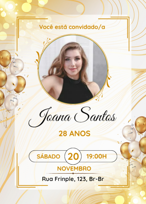 Convite festa de aniversário grátis, dourado, balões, com foto