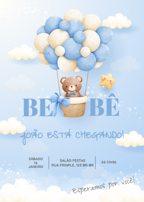 Convite Chá de bebê, balão com ursinho