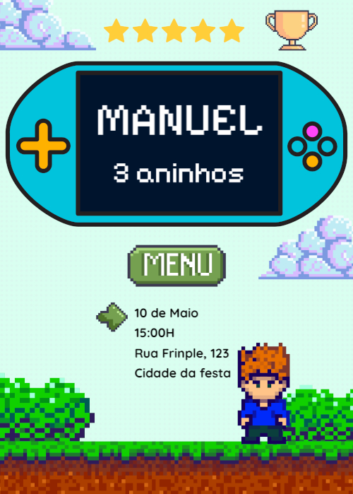 Convite aniversário criança, videogame retro