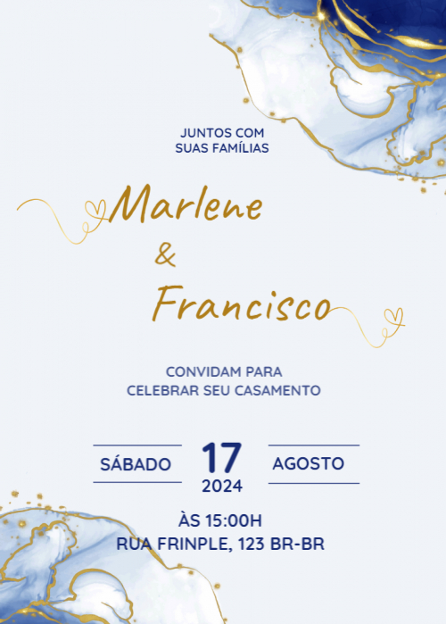 Convite de casamento, azul e dourado