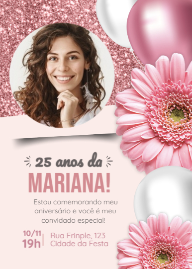 Convite aniversário grátis, flores, balões com foto