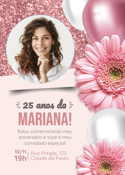 Convite aniversário grátis, flores, balões com foto