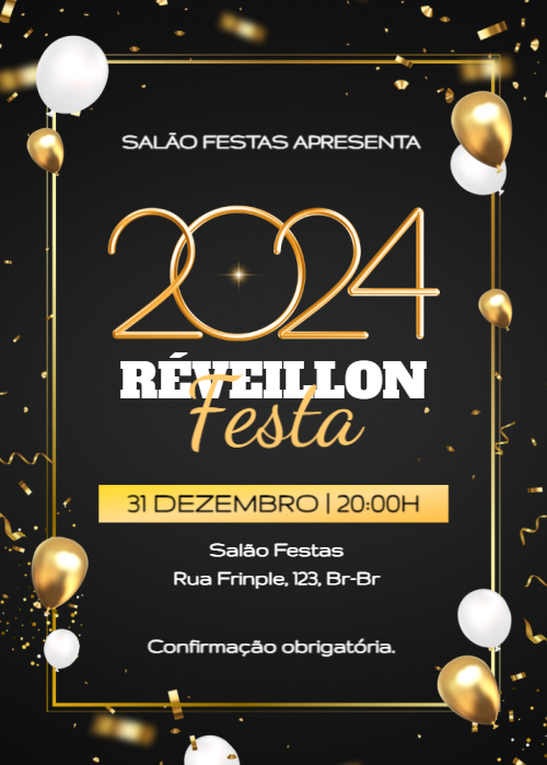 Convite Réveillon 2024, balões, linha dourada