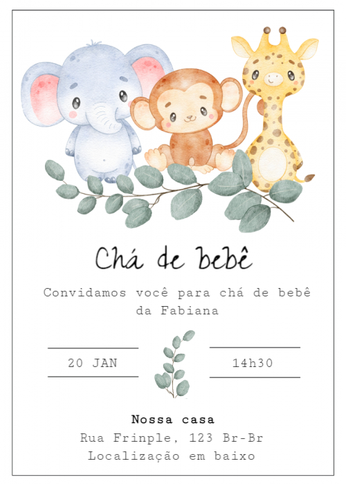 Convite Chá de bebê, animais desenhados