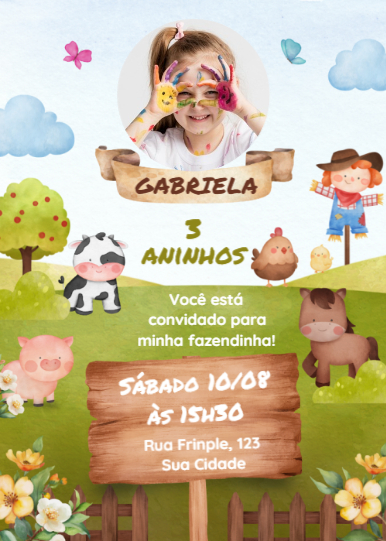 Convite aniversário criança, animais da fazendinha com foto editável