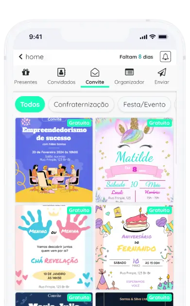 Captura de tela do aplicativo frinple listando modelos de convites
