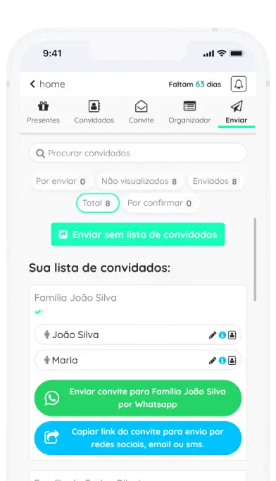 Captura de tela do aplicativo Frinple apresentado todos as formas de envio do convite