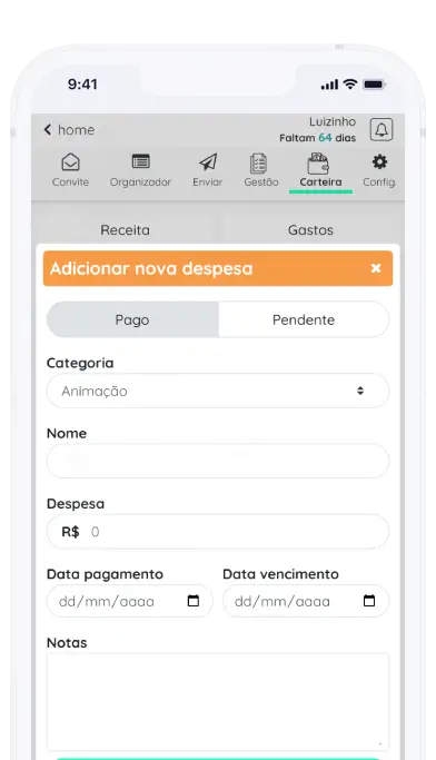 Captura de tela do aplicativo Frinple de como adicionar despesas e/ou receitas