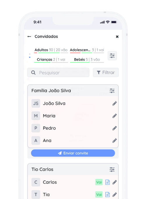 Captura de tela do aplicativo Frinple apresentado a organização dos convidados