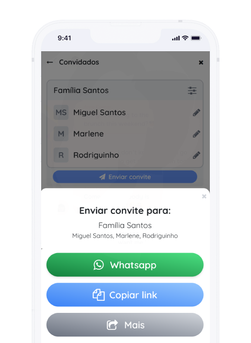 Captura de tela do aplicativo Frinple apresentado todos as formas de envio do convite